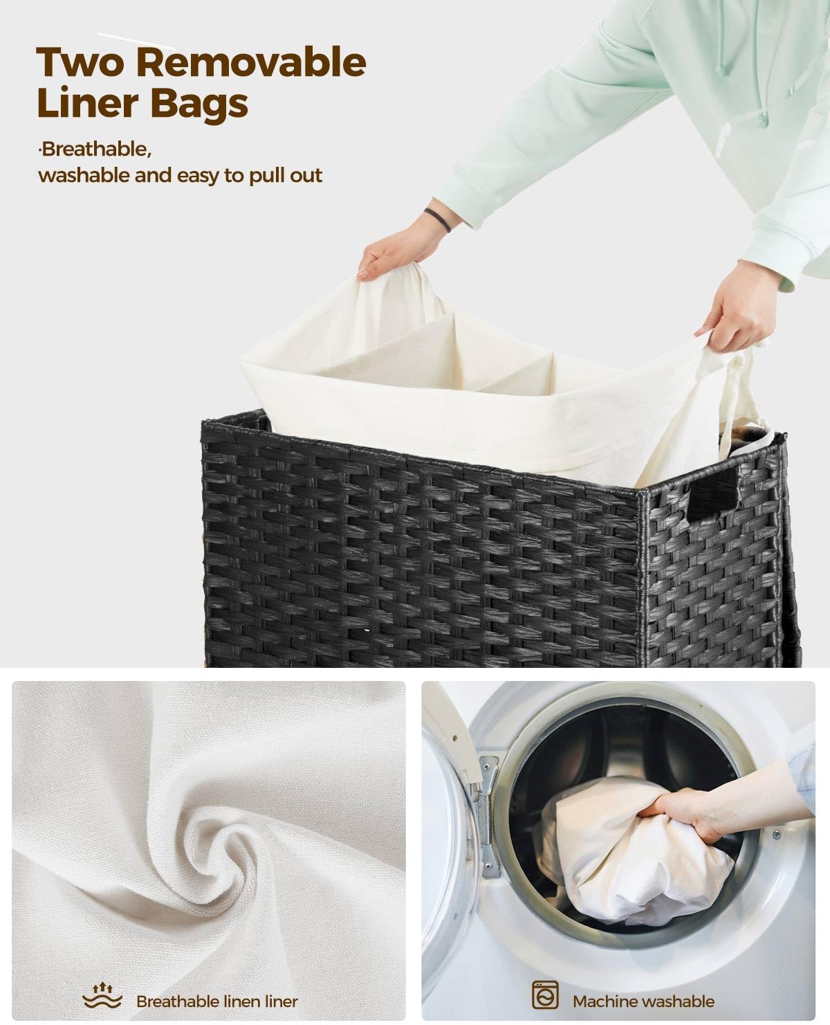 Greenstell Laundry Hamper with Wheels&Lid, 130L Large 3 Sections Clothes Hamper with 2 Types Removable Liner Bags, 5 Mesh Laundry Bags, Handwoven Divided Laundry Basket Black