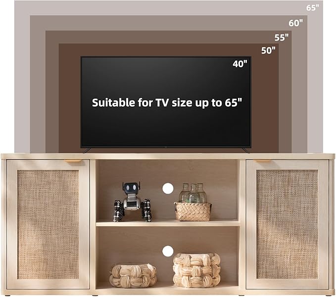 LEYAOYAO Rattan TV Stands for Living Room, Boho TV Cabinet with Storage and Open Shelf, Rustic Wood Entertainment Center, Media Console for 50-65 Inch TV, Light Wood