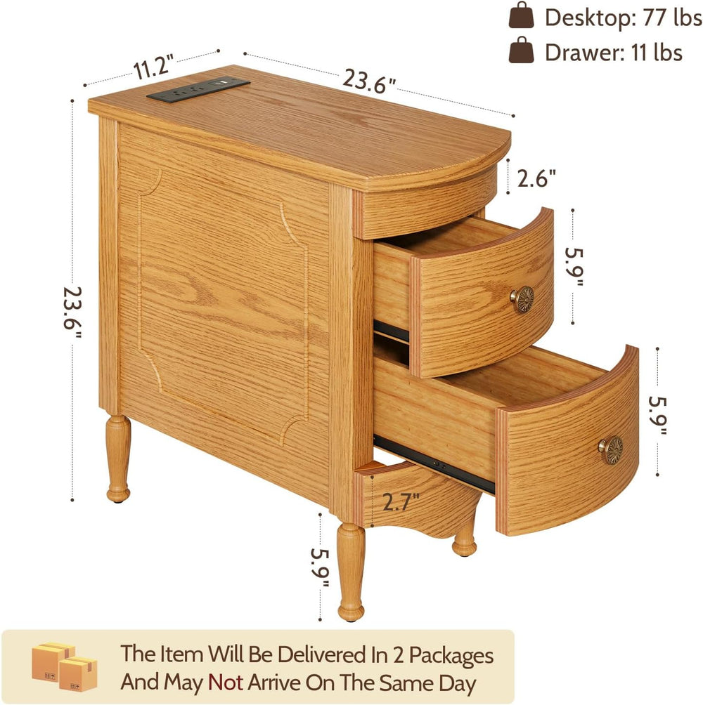 End Table Set of 2 with Charging Station, Narrow Side Table with 2 Drawer, Wo...