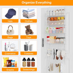 Over the Door Organizer, 2 in 1 Metal Hanging Closet Organizer & Hat Rack with 4 Adjustable Baskets, 8 Hooks, 10 Clips, Behind The Door Storage for Bedroom, Bathroom, Entrance, Closet, Kitchen, White