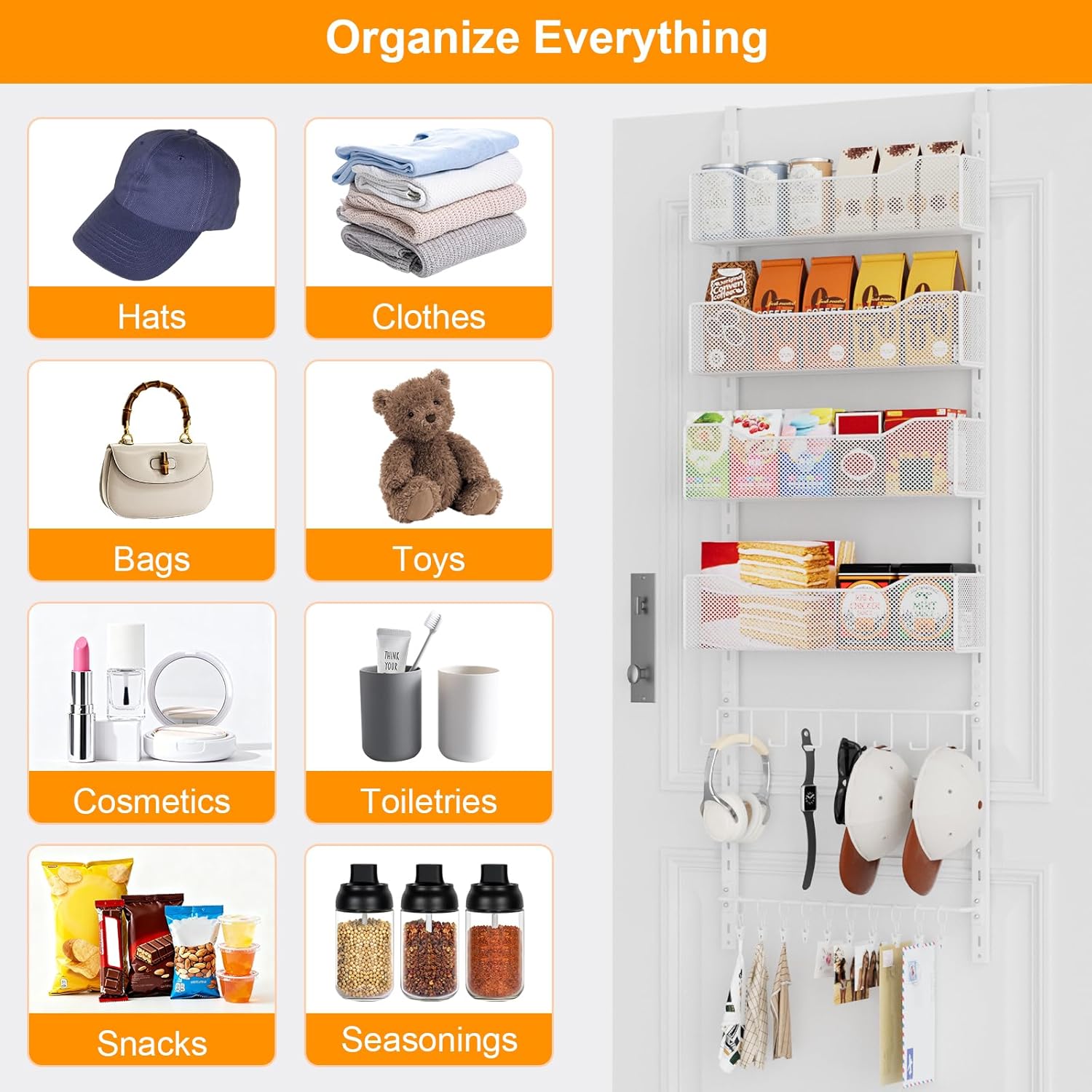 Over the Door Organizer, 2 in 1 Metal Hanging Closet Organizer & Hat Rack with 4 Adjustable Baskets, 8 Hooks, 10 Clips, Behind The Door Storage for Bedroom, Bathroom, Entrance, Closet, Kitchen, White