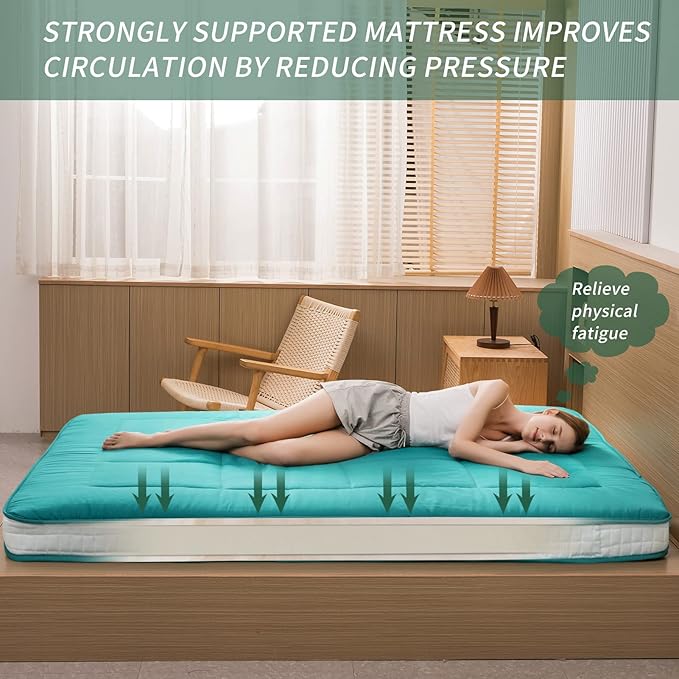 MAXYOYO Futon Mattress, Padded Japanese Floor Mattress Quilted Bed Mattress Topper, Extra Thick Folding Sleeping Pad Breathable Floor Lounger Guest Bed for Camping Couch, Turquoise, Full