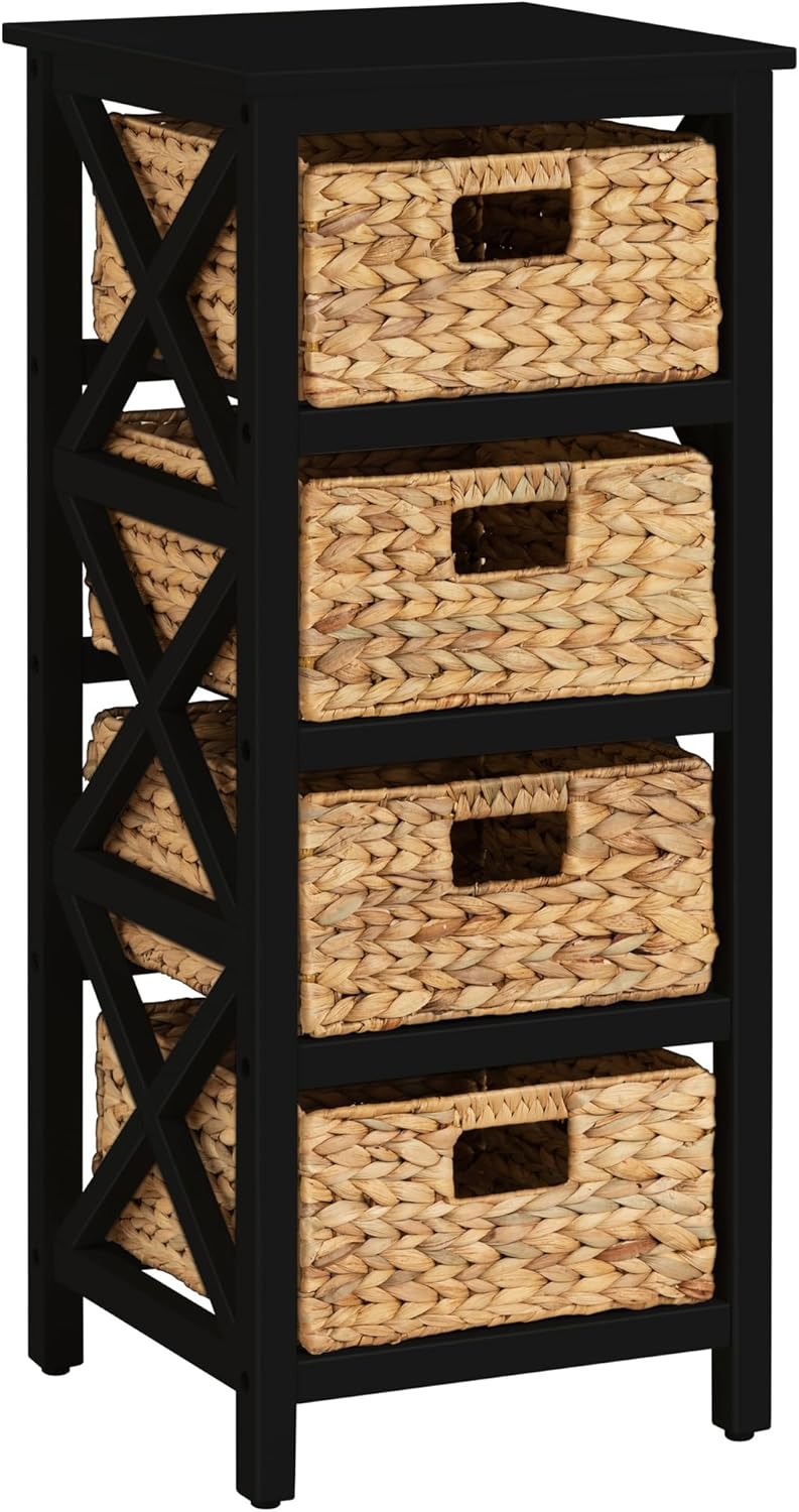 eHemco 4 Tier X-Side End Storage Cabinet with 4 Wicker Baskets, Black