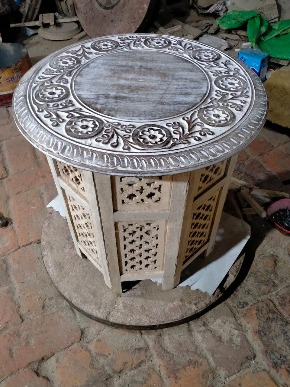 Handcrafted Round Wooden Side Table with Carved Floral Top, White Washed Fini...