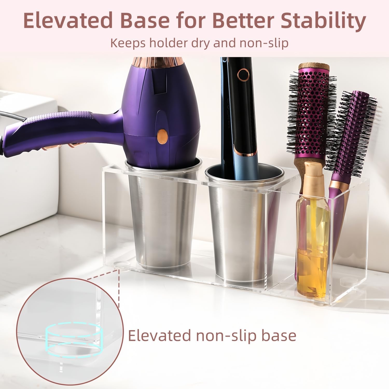 Hair Tool Organizer, Hot Tools Organizer Countertop/Wall Mount, Thick Acrylic Hair Tools Organizer with Anti-Slip Steel Cups, Hair Tool Holder for Bathroom & Vanity Storage UEMUSI