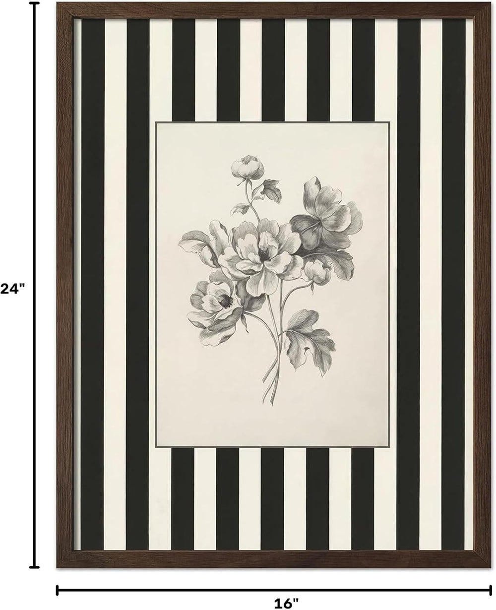 Framed Black and White Striped Wall Art Vintage Flower Pictures 16x24 In