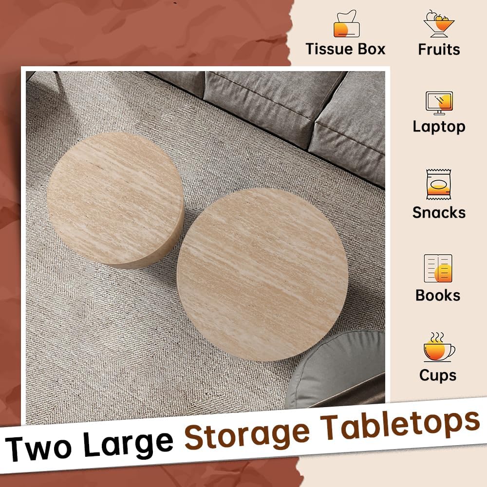 18" Round Travertine Nesting Coffee Table Set of 2 (Travertine) | for Li...