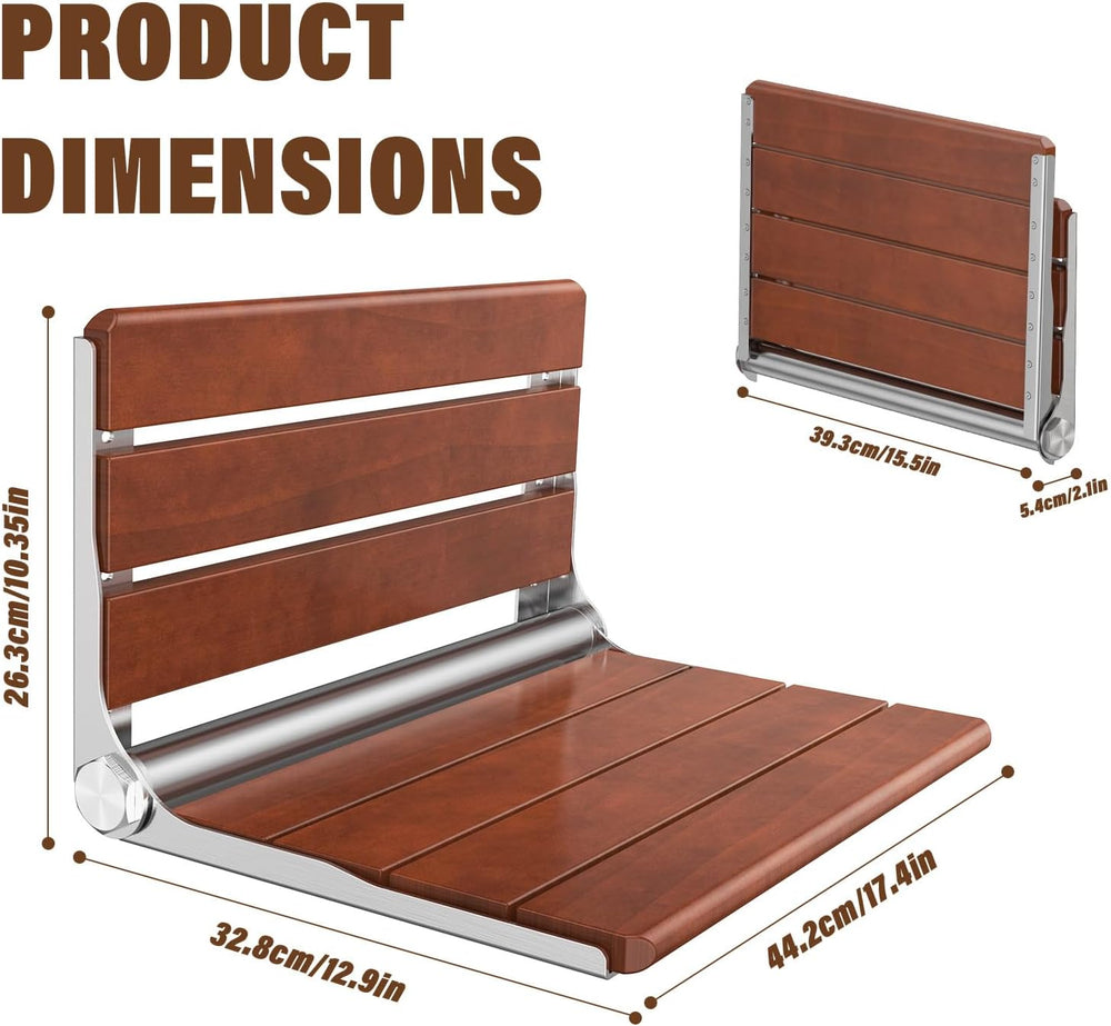 17" Folding Shower Seat Wall Mounted, Foldable Teak Shower Bench, Max 440lb