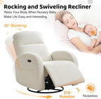 Power Nursery Glider Recliner, Chenille Electric Rocker Recliner with Type-C & USB Port, Nursery Swivel Rocker Recliners with Double Pockets for Adult, Cream White