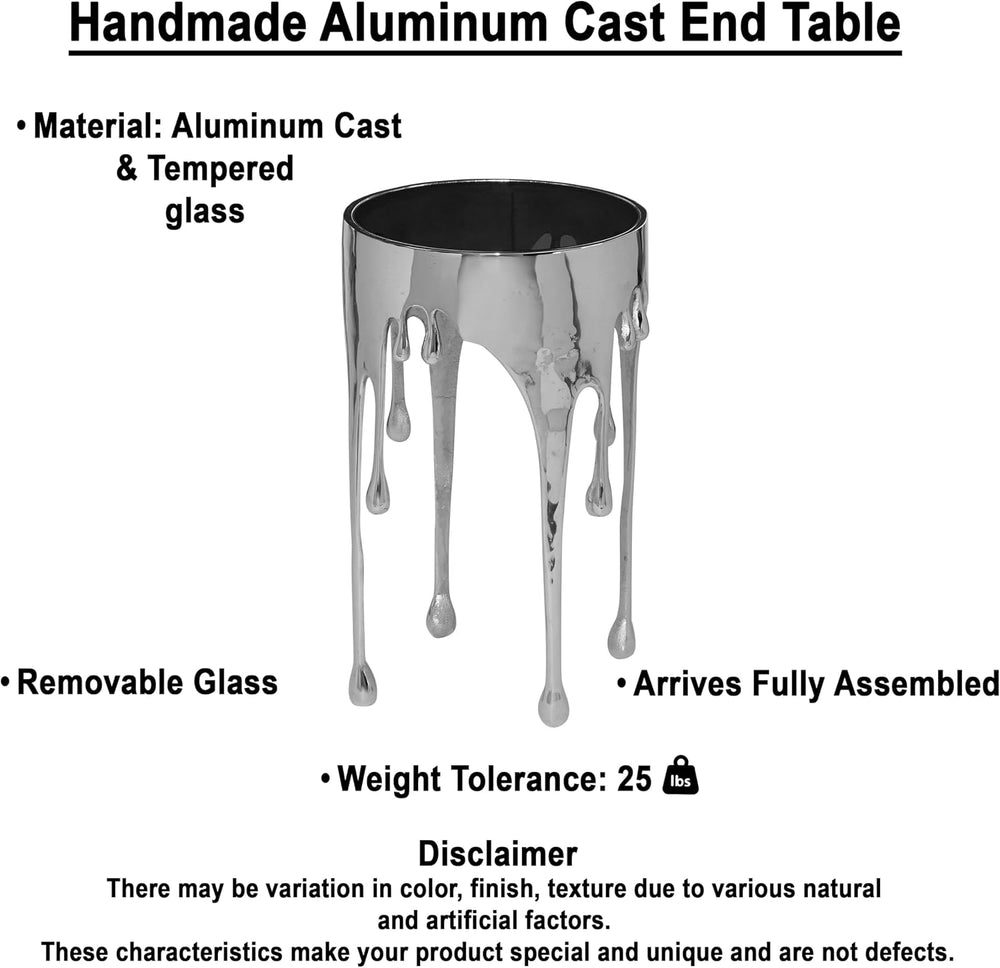 TUP THE URBAN PORT Capri Side End Table, 24.75 Inch Round Glass Top, Silver F...