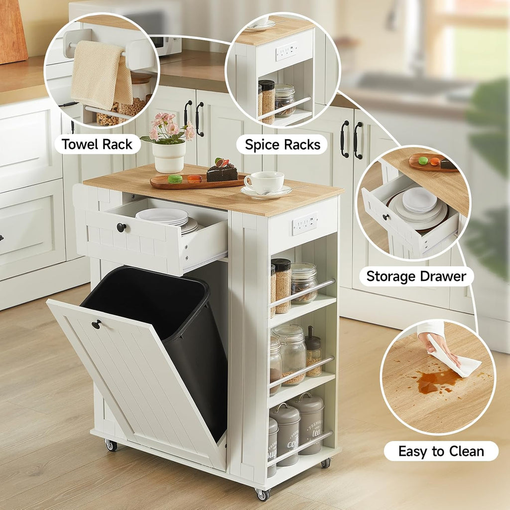 ONBRILL 35" Kitchen Island with Trash Can Cabinet & Power Outlet, Rolling Kitchen Cart with Storage Drawer, 6-Tier Spice Rack, Portable Sideboard Table for Dining Room, Living Room, White