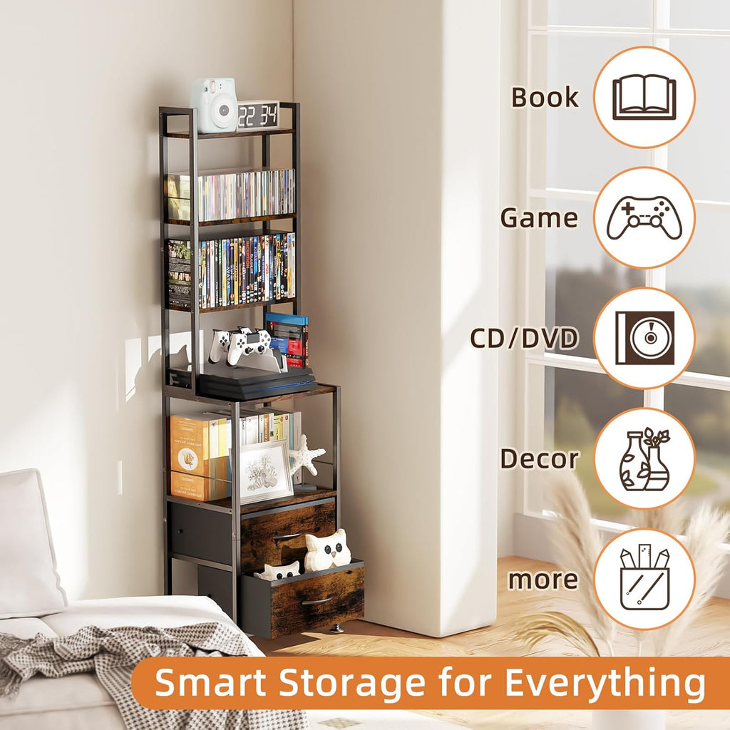 CD Rack and Storage with Two Drawers, 7-Tier DVD Shelf and Rack, CD Storage Tower and Holder for DVDs, Books and Media Games, Movie Collection and Decor, Ideal for Living Room, Home