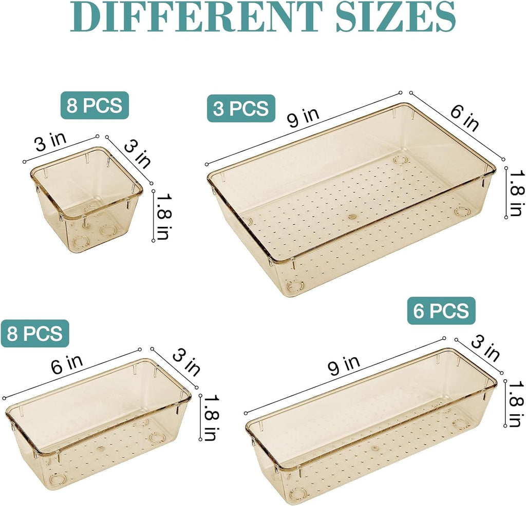 25 PCS Drawer Organizer Set, 5 Varied Size Bathroom and kitchen Drawer cabinet organizer Trays, Clear Storage Bins for Makeup, Jewelry, Utensils and Gadgets, Champagne