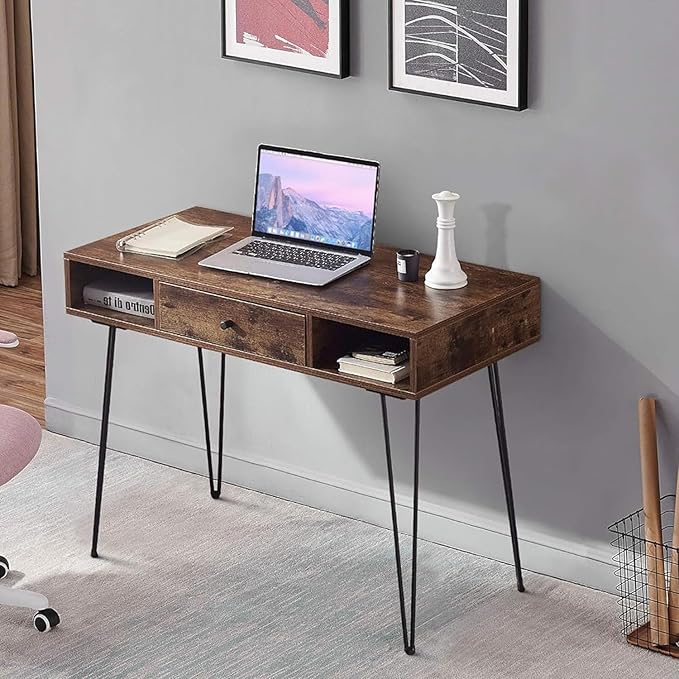 VECELO 39.3" Home Office Work Table with Drawers,Computer Desk with Hairpin Legs for Writing/Study,Rustic Brown