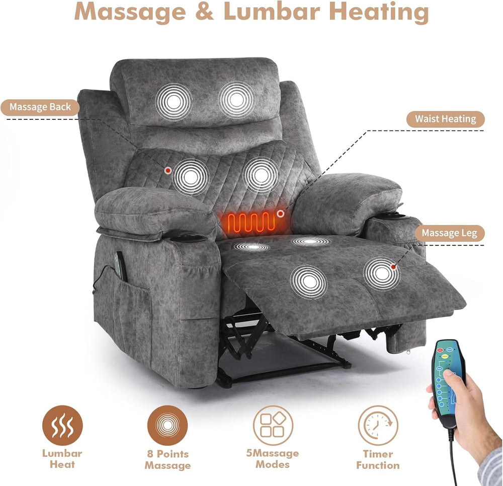Overstuffed Massage Recliner Chair with Heat, Wide Seat Reclining Chair for H...