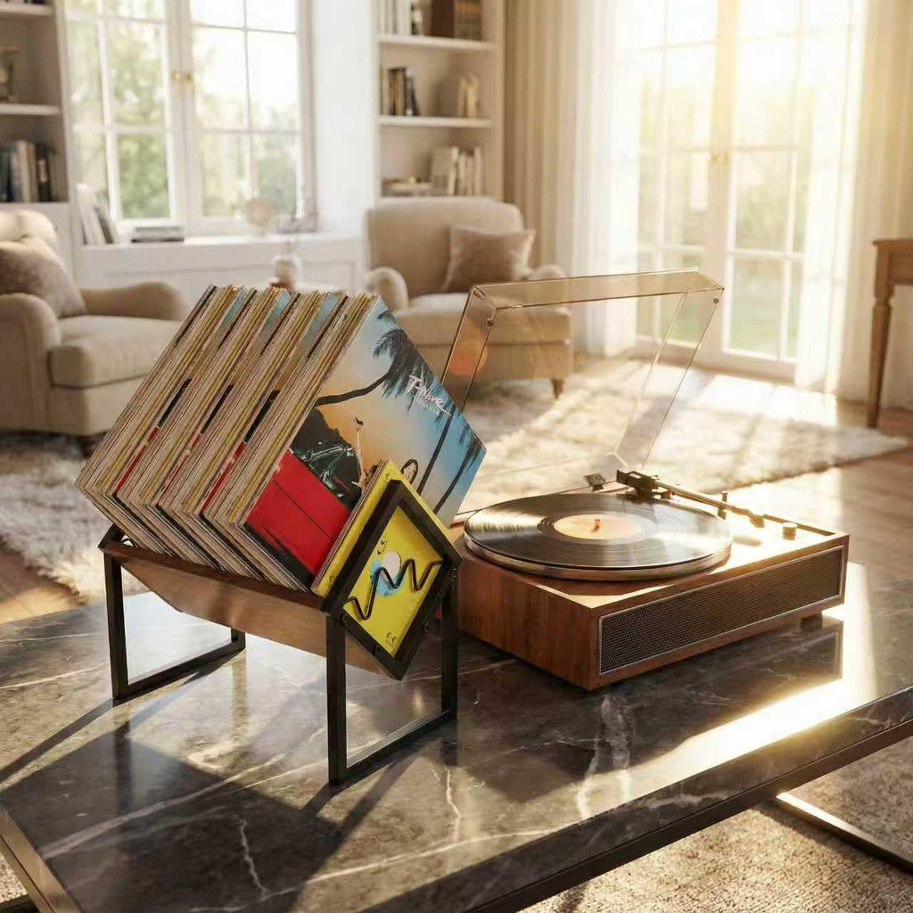 Wood Metal Vinyl Record Holder Stand,Records Storage with 40-50 LP | Heavy Duty Record Holder for Vinyl Albums Black