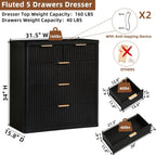LEYAOYAO Fluted 5 Drawers Dresser for Bedroom Set of 2, 34" Tall Modern Chest of Drawers with Metal Handle, Curved Profile Design,Black Wood Drawer Organizer for Bedroom, Living Room, Hallway