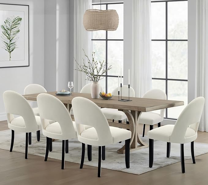 Dining Room Chairs Set of 8, Upholstered Wooden Dining Chairs, Modern Farmhouse Kitchen Chairs with Solid Wood Legs & Fabric Backrest, Cream White