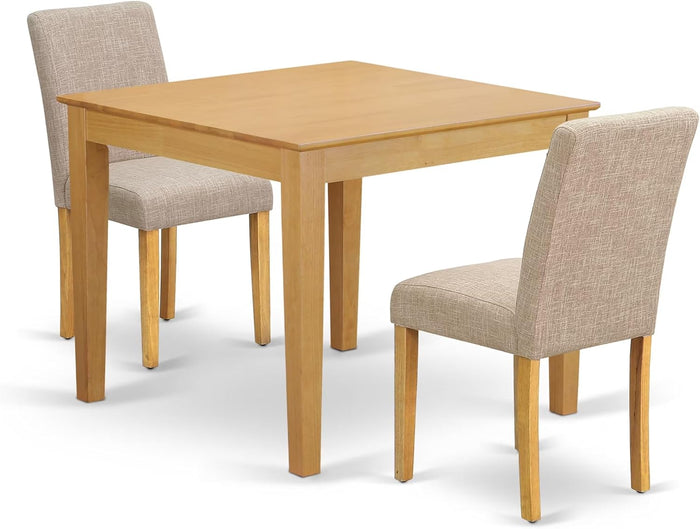 East West Furniture OXAB3-OAK-04 3 Piece Dining Table Set for Small Spaces Contains a Square Wooden Table and 2 Light Tan Linen Fabric Parson Dining Room Chairs, 36x36 Inch, Oak