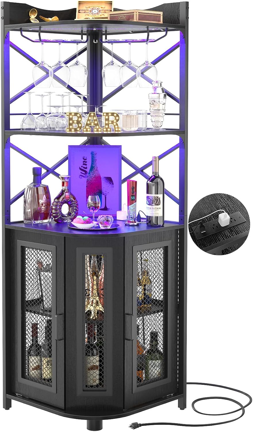Aheaplus Corner Bar Cabinet with Power Outlet, Industrial Liquor Cabinet | 5-...