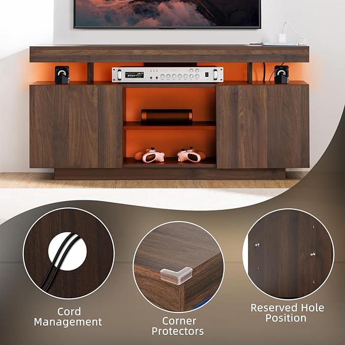 HOMMPA LED TV Stand for 55/50/43/40/32 inch TV - Modern Entertainment Center with Power Outlets, Gaming Console Cabinet with Storage Media Table and LED Lights for Living Room - Walnut