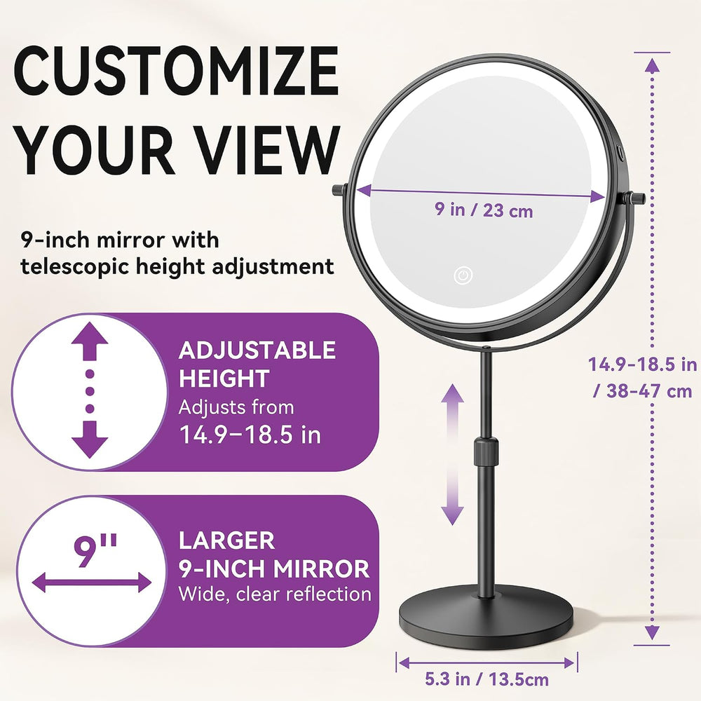 Auxmir 9" 5000mAh Magnifying Mirror, 1X/30X Lighted Makeup Mirror, Black