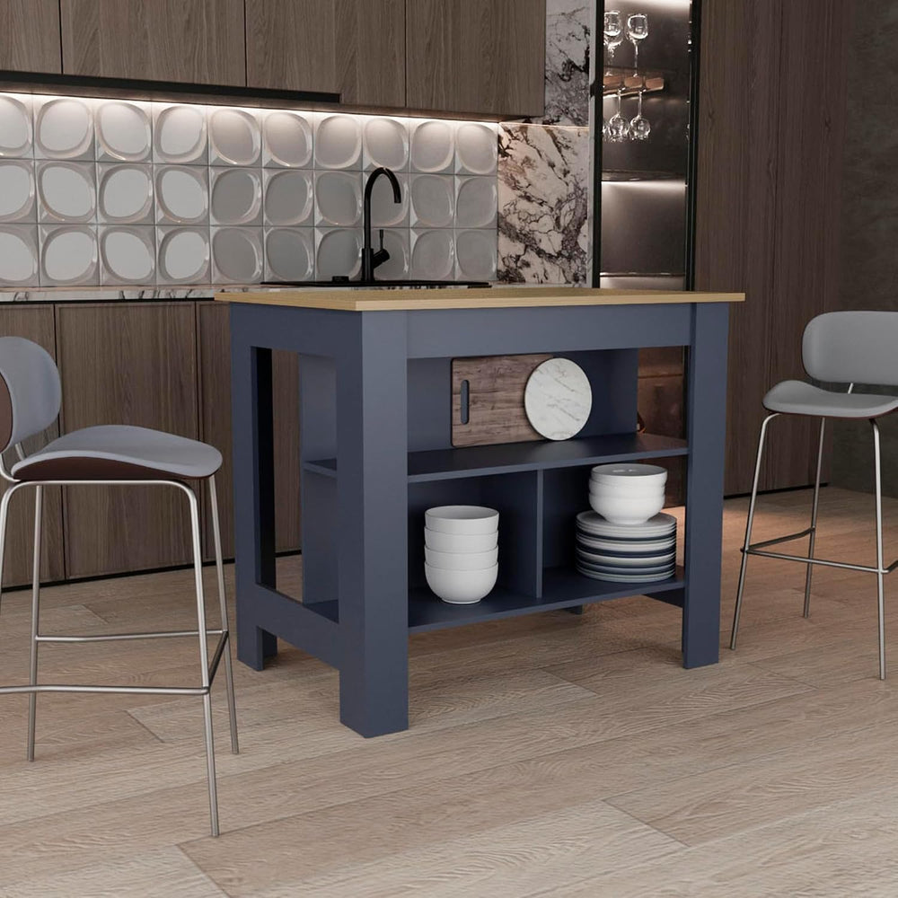 Kitchen Island with 3 Shelves Alby Blue Natural Oak | Three shelves and two d...