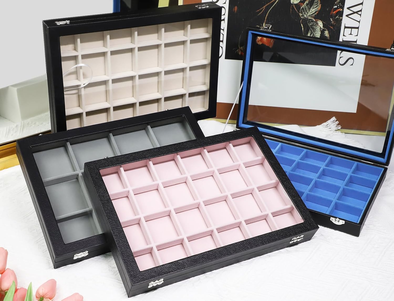 Stratalife Jewelry Organizer 40 Grid Blue Black Jewelry Tray with Clear Dust-proof Lid Velvet Earring Organizer Necklace Rings Holder Display Drawer Storage Case for Women