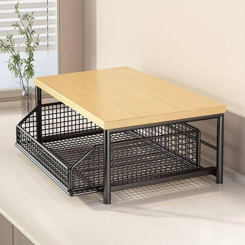 Countertop Organizer for Kitchen with Drawer& Wire Basket- Sturdy Hardwoo...