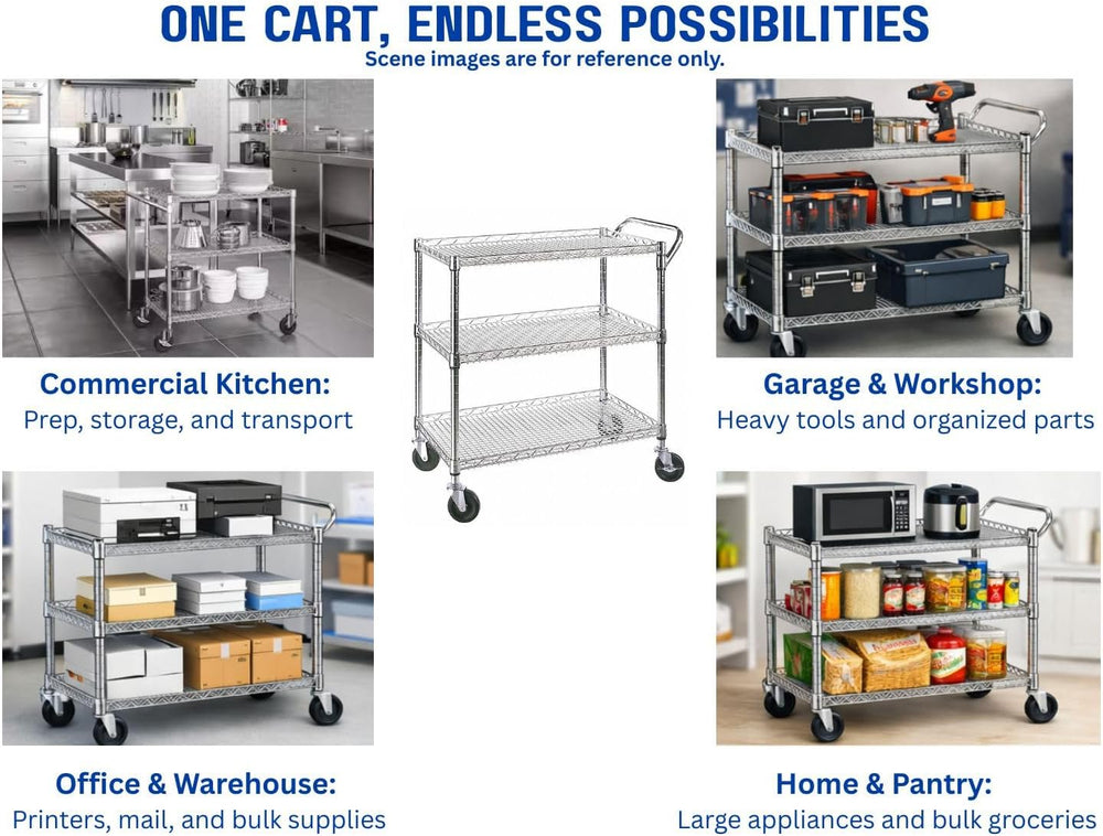 Heavy Duty 3 Tier Rolling Utility Kitchen Cart on Wheels,Large 45"L x 17...
