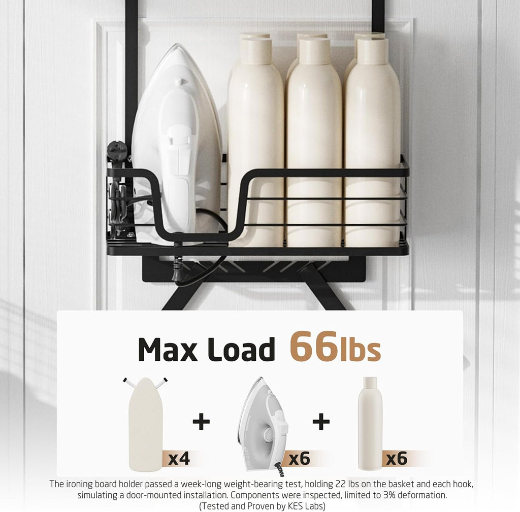 KES Over The Door Ironing Board Holder, Ironing Board Hanger Door Mount with Storage Shelf Y and T Shaped Fits for 1 3/8 Doors Matte Black, HIR501A-BK
