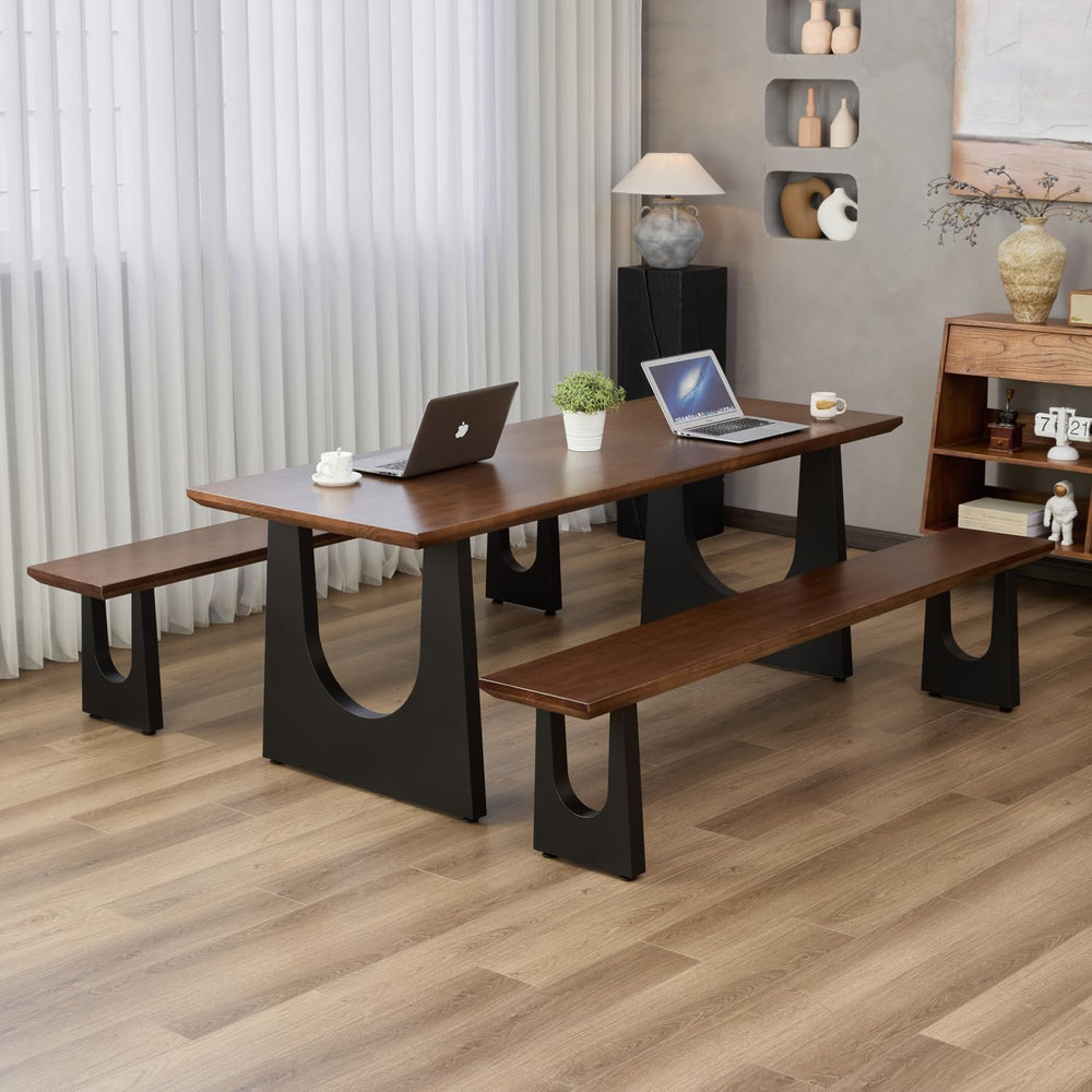Walnut Color Long Bench Solid Wood Top Metal Legs U-Shaped Design Durable Stu...