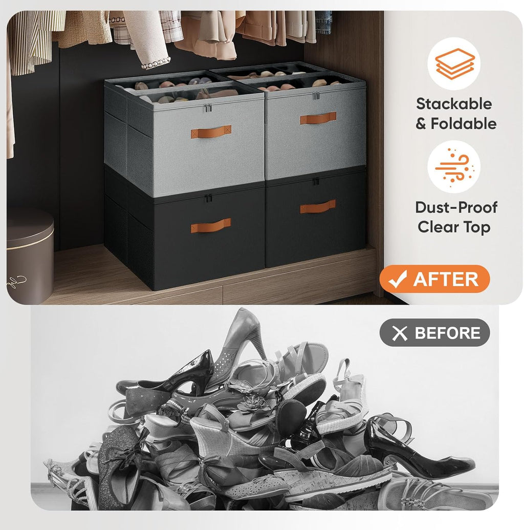 Shoe Organizer for Closet, 2 Pack Foldable Shoe Storage Organizer with Adjustable Dividers, Shoe Storage Box with Clear Cover, Fits up to 16 Pairs, Black & Gray