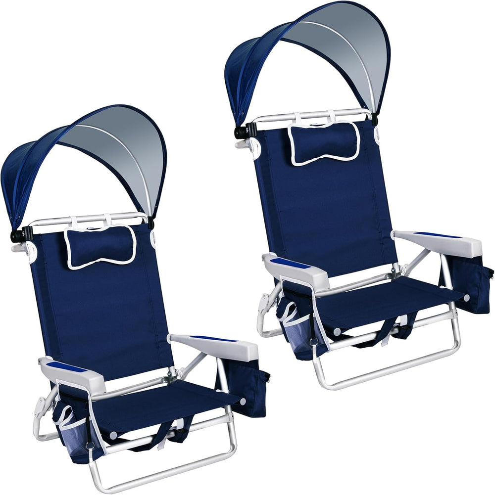 Romswi Extra Wide Beach Chair with Canopy Shade, 2 Pack Aluminum Folding Chai...