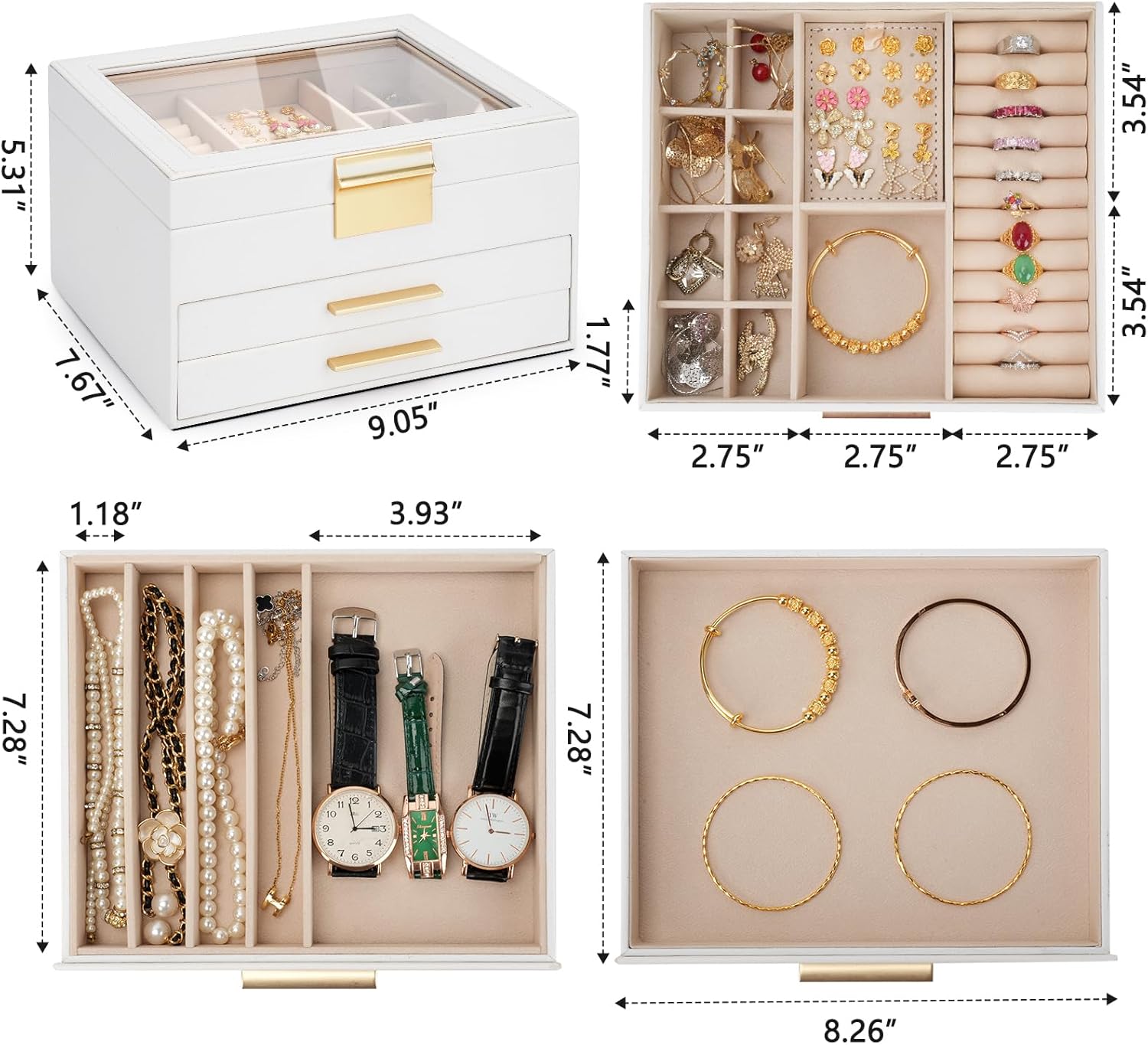 Jewelry Box for Women, 3-Layer Jewelry Box, Jewelry Organizer with Clear Glass Lid and Drawers, Jewelry Organizers and Storage for Necklaces, Rings, Earrings, Bracelets(White)