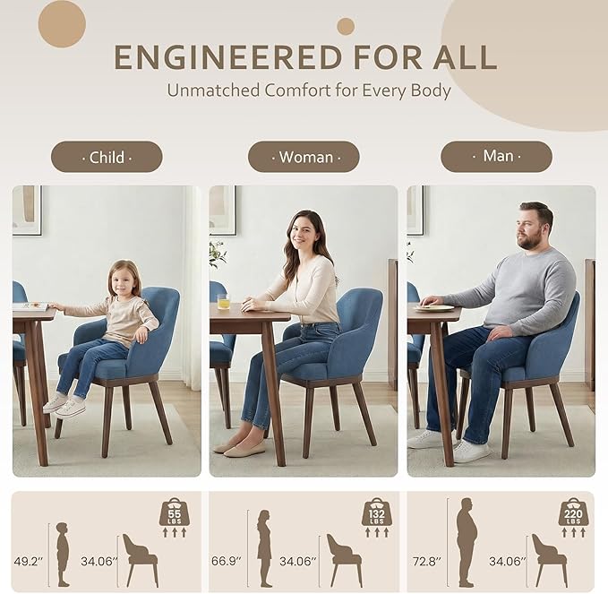 Wooden Dining Chairs Set of 6, Modern Fabric Upholstered Dining Room Chair, Kitchen Side Chairs, Farmhouse Dinner Chair with Open Back for Kitchen, Blue