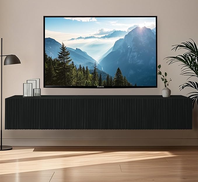 ZYBT Floating TV Stand, Modern Wall Mount Entertainment Center TV Shelf, 70.7" Media Console Under TV Storage Cabinet with Fluted Doors, TV Consoles for Living Room, Floating Cabinet for Wall (Black)