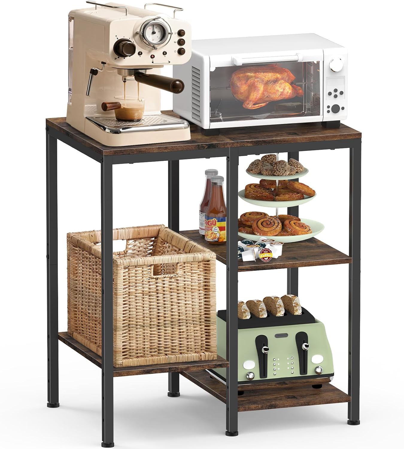 OGEMXU Kitchen Microwave Stand,4-Tier Adjustable Bakers Rack, Microwave Cart with Storage, Small Coffee Bar Table Appliance Shelf for Living Room,Office,Rustic Brown