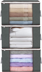 Large Storage Bags, 3 Pack Clothes Storage Bins Foldable Closet Organizers Storage Containers with Durable Handles Thick Fabric for Blanket Comforter Clothing Bedding 90 L (Gray)