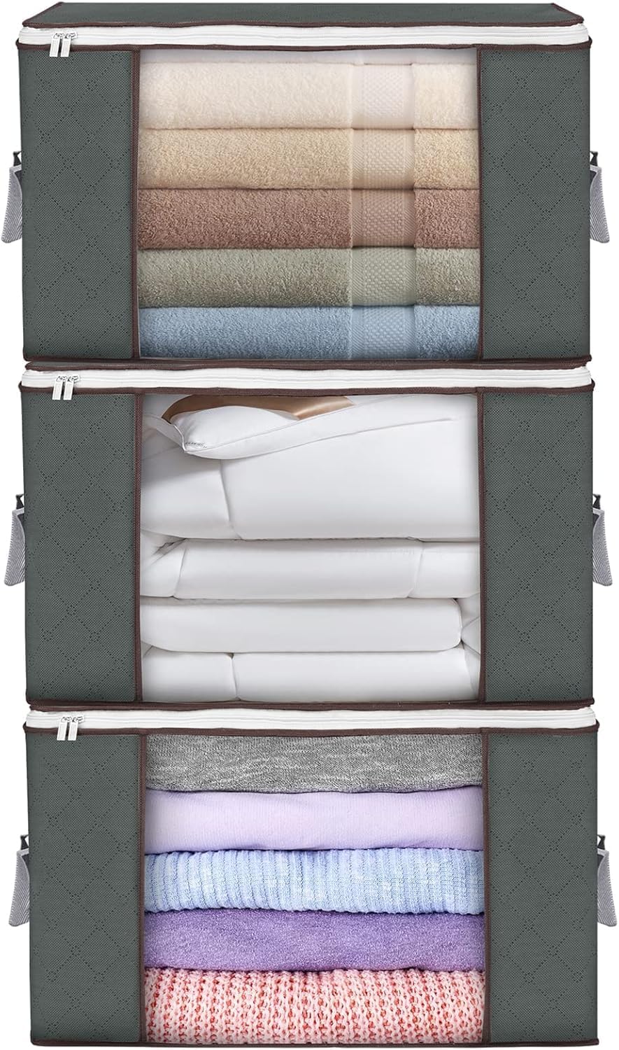 Large Storage Bags, 3 Pack Clothes Storage Bins Foldable Closet Organizers Storage Containers with Durable Handles Thick Fabric for Blanket Comforter Clothing Bedding 90 L (Gray)