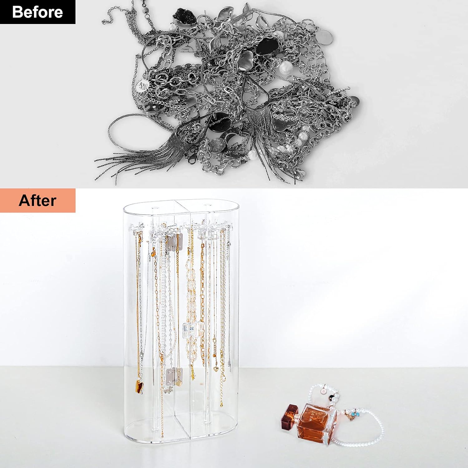 Acrylic Necklace Holder, Clear Necklace Organizer with 24 Hooks, Dustproof Rotation Jewelry Storage Holder Stand, Long Necklaces Pendant Bracelets Display Case for Dresser Bathroom Vanity Countertop