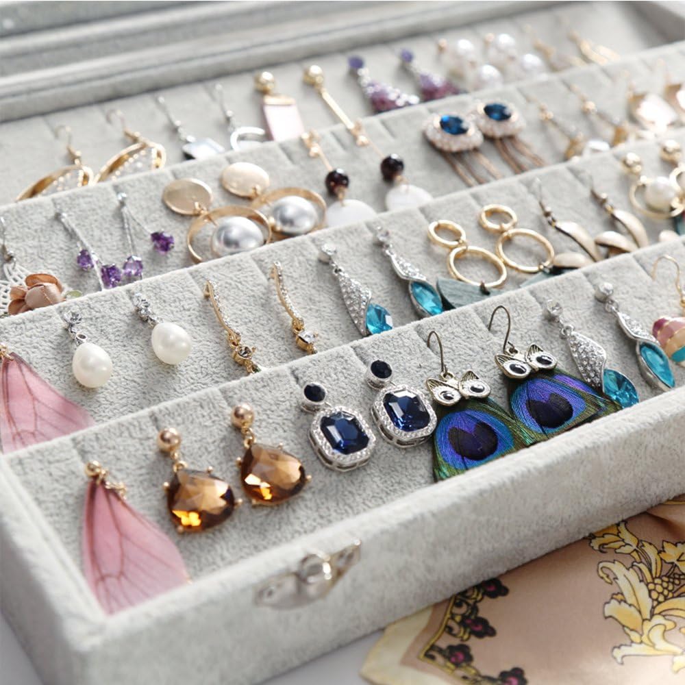 Wudygirl Velvet Jewelry Organizer Clear Lid Earring Holder Organizer 32 Pairs Earrings Storage Stud Tray Showcase Display Case（Earring Storage）