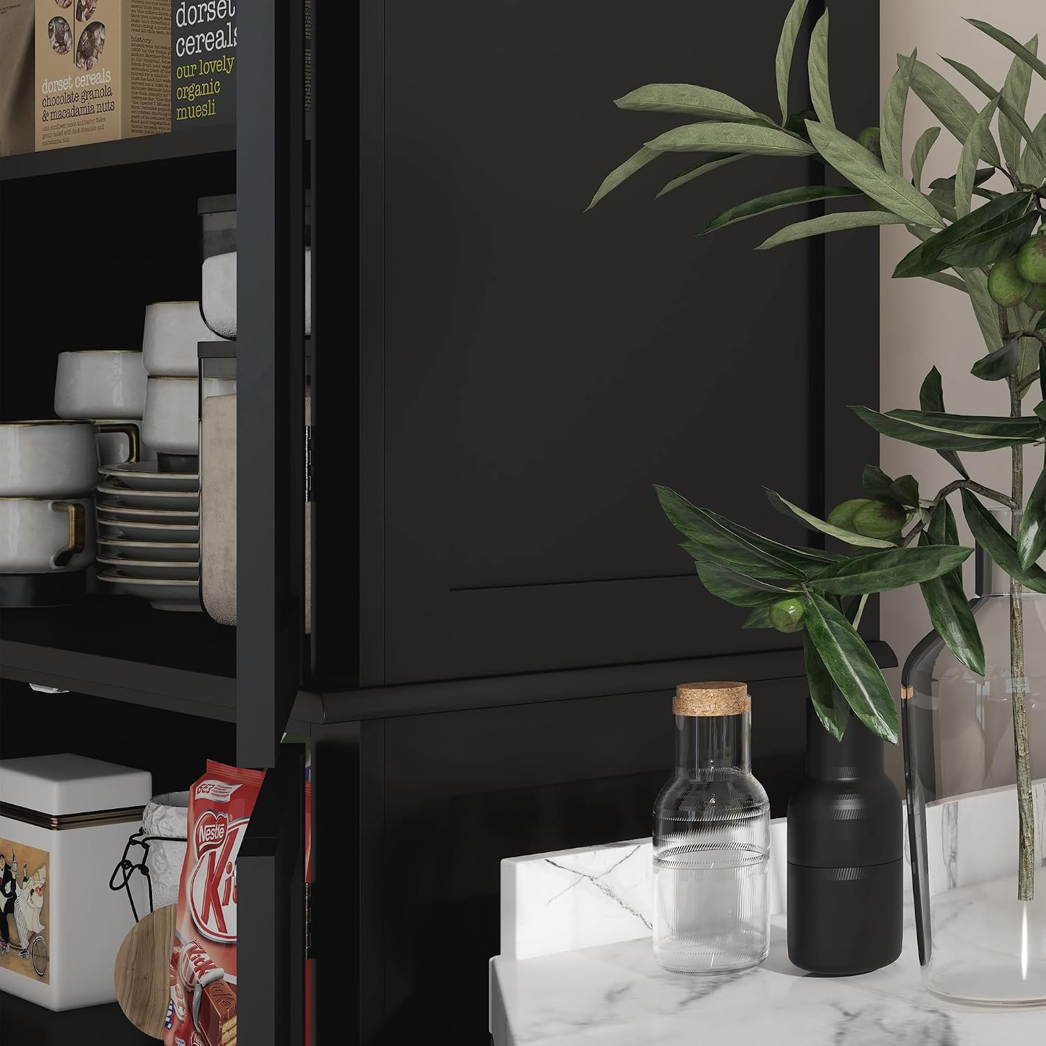30" D*16" W*72.5" H Freestanding Kitchen Pantry with 4 Adjustable Shelves, 2 Double Doors, Rectangular Storage Cabinet, Traditional, for Living Room, Dining Room, Black