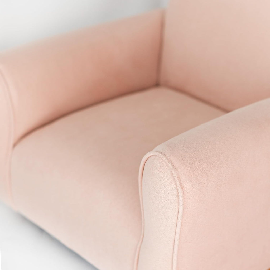 Toddler Personalized Armchair, Kids Upholstered Rocking Chair with Personalization, Toddler Chair with Personalized Name, Comfy Child Armchair, (Blush Suede, Rockers)