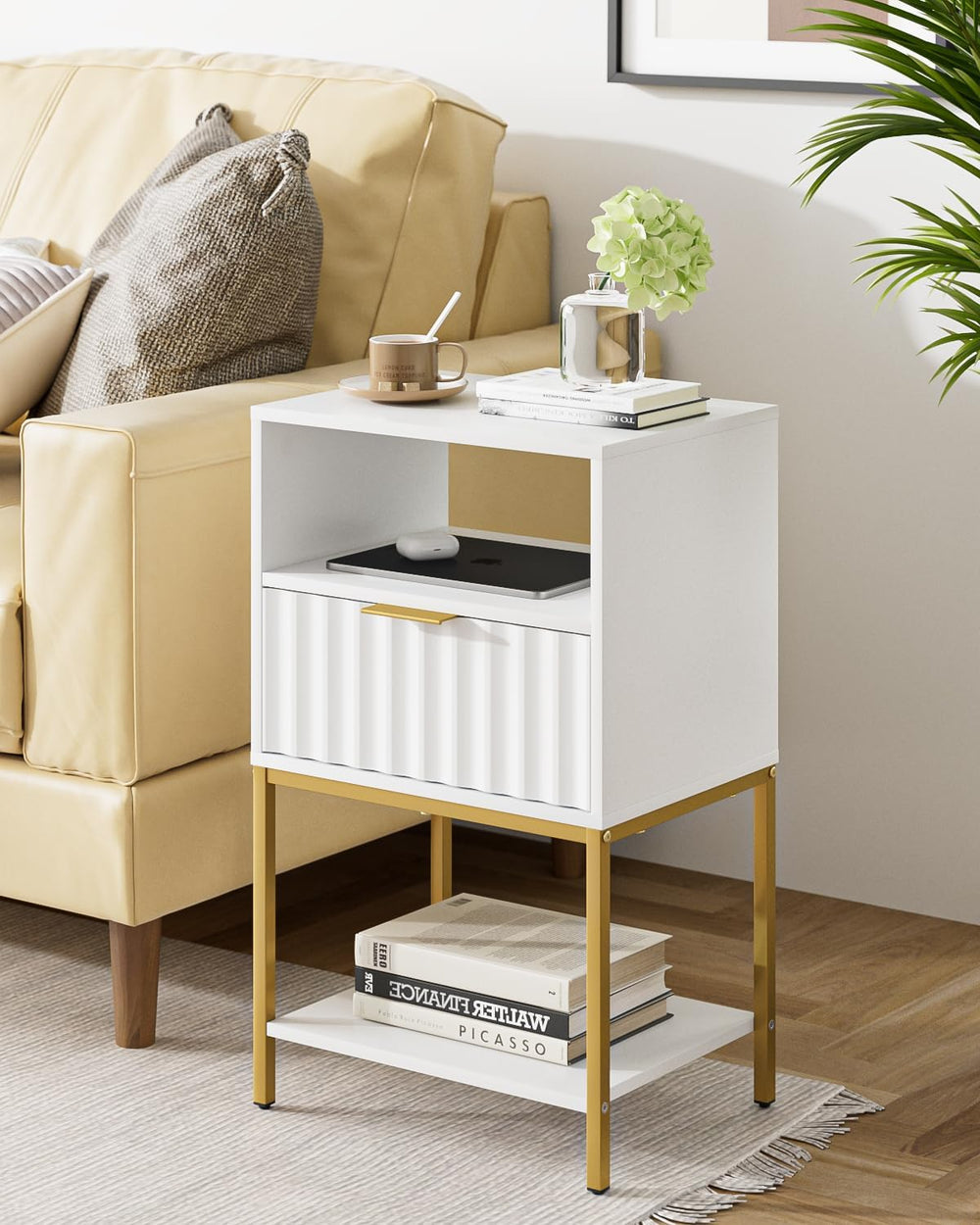 Nightstand,Modern Bedside Table with One Drawer and Two Shelf，White Night Sta...