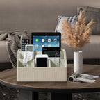 Remote Control Holder with 5 Compartments for Office Art Supplies, PU Leather Nightstand Organizer Pencil Pen Desk Caddy for Home, Desktop TV Remote Control Organizer Storage (Striped Beige)