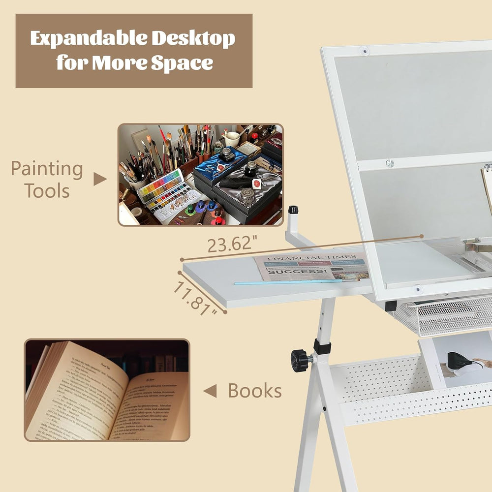 Height Adjustable Drafting Table Desk w/Stool, Tempered Glass Top | Art Craft...