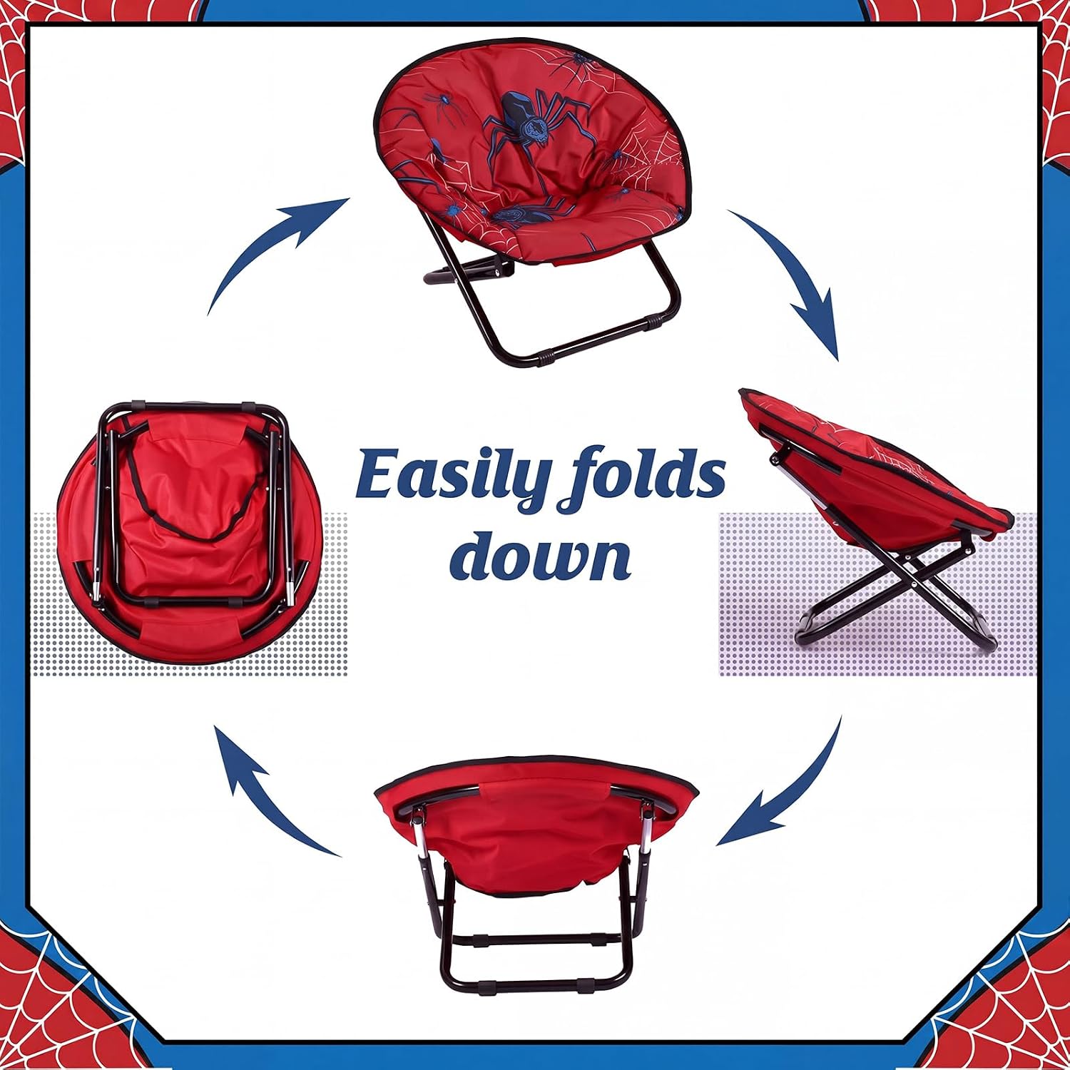 Fumete Spiderweb Folding Saucer Chair with Cushion Portable Foldable Round Metal Camping Saucer Chair Comfortable Collapsible Chairs for Indoor Outdoor Halloween Decor Patio Camping Bedroom