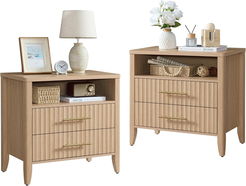 Fluted Nightstand with 2 Drawers, 27" Modern Nightstands Set of 2 with S...
