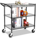 YNN Black Utility Rolling Cart,990Lbs 3 Tier Heavy Duty Metal Cart with Wheels & Handle NSF Wheeled Cart 31" D x 18" W x 33" H for Bedroom, Bathroom, Kitchen,Garden,Decor,Serving